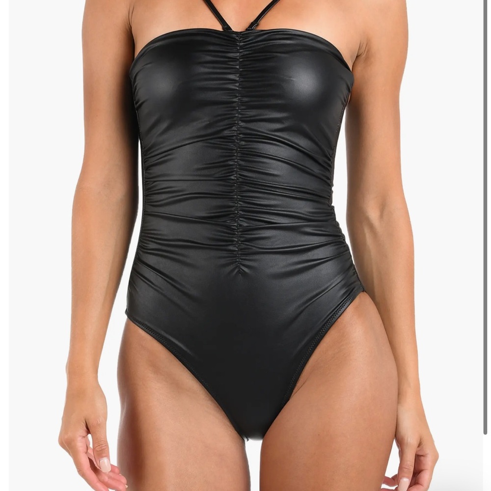 NWT L'AGENCE Aubrey Ruched Faux Leather One-Piece Swimsuit - Picture 5 of 9